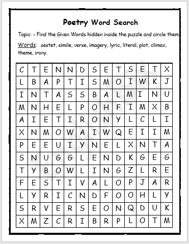 Engaging activity to enhance poetry vocabulary and recognition skills Poetry Word Search worksheet featuring various poetry forms for third graders