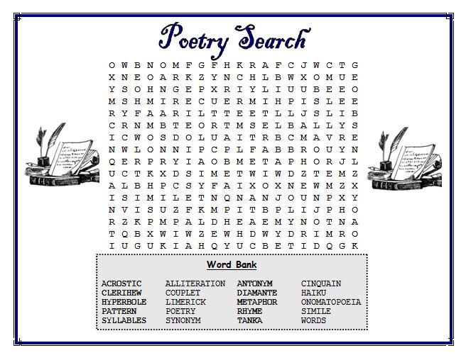 Engaging poetry word search activity for learning about various types of poetry Poetry Word Search worksheet designed for third graders to explore different poetry forms