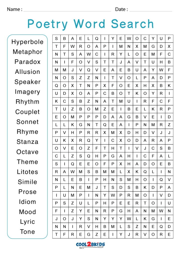 Engaging poetry word search to enhance learning and memory for young learners Poetry word search worksheet for third graders featuring various poetry forms