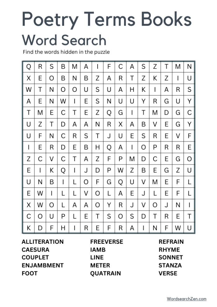 Engaging word search activity to enhance poetry knowledge and vocabulary Poetry word search worksheet for third graders exploring various poetry forms
