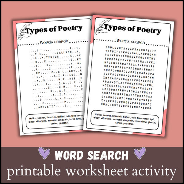Engaging poetry-themed word search activity for enhancing vocabulary and learning Poetry word search worksheet designed for third graders to explore various poetry forms