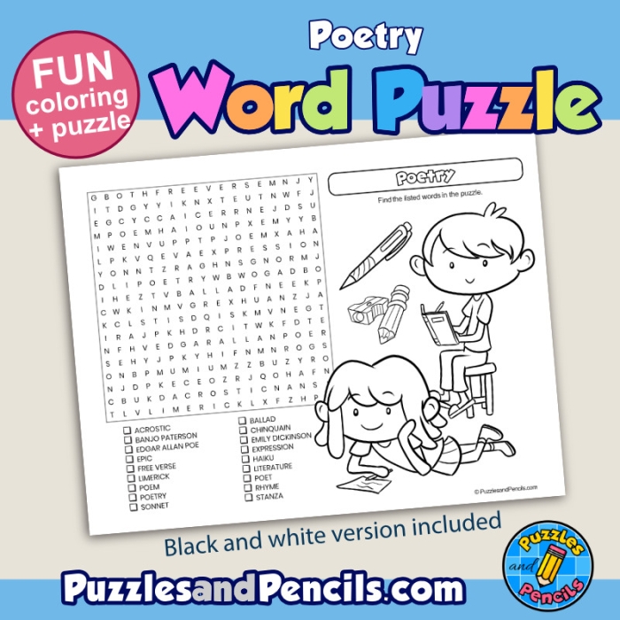 Engaging poetry word search to enhance learning and recognition of poetry types Poetry Word Search worksheet for third graders featuring various poetry forms