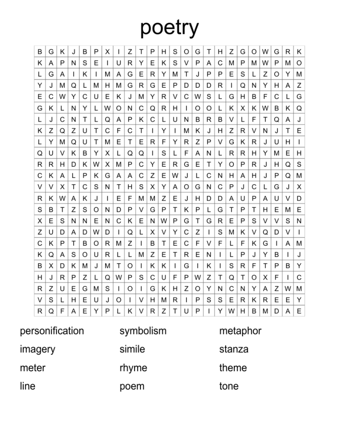 Engaging worksheet image for learning about various types of poetry through word search activities Poetry Word Search worksheet designed for third graders to explore different poetry forms