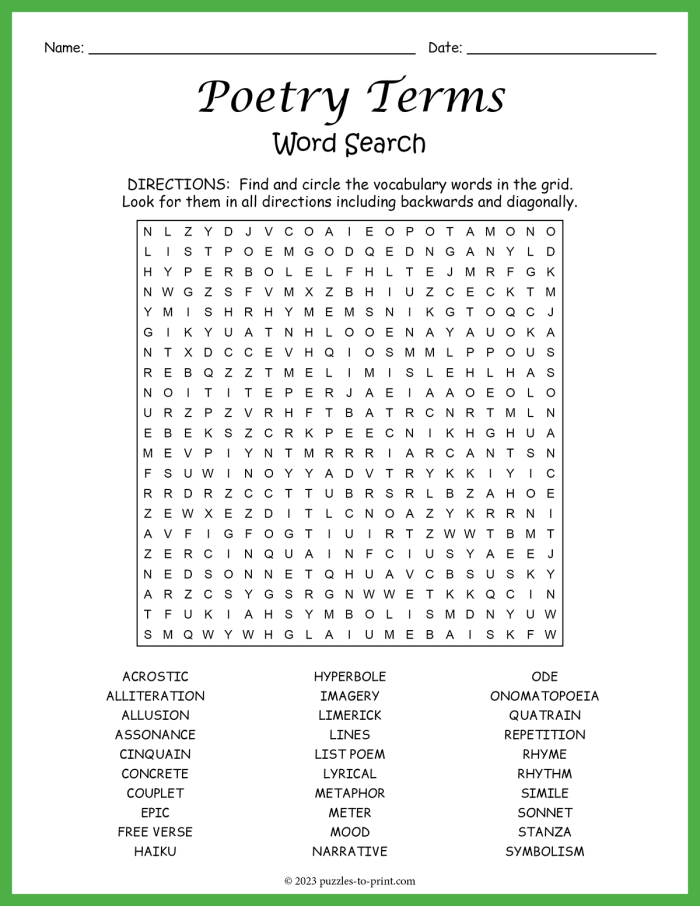 Engaging poetry word search activity for enhancing vocabulary and understanding of poetry types Poetry word search worksheet designed for third graders to explore various poetry forms