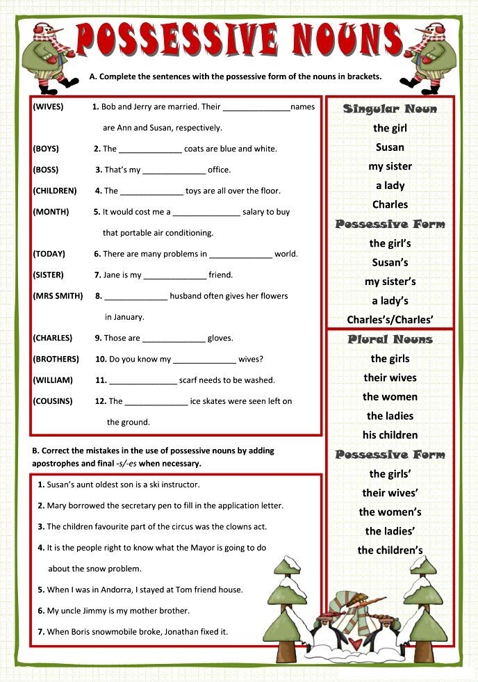 It’s Grammar Time: Possessive Nouns worksheet for grade 3 students Worksheet featuring possessive nouns practice for third graders