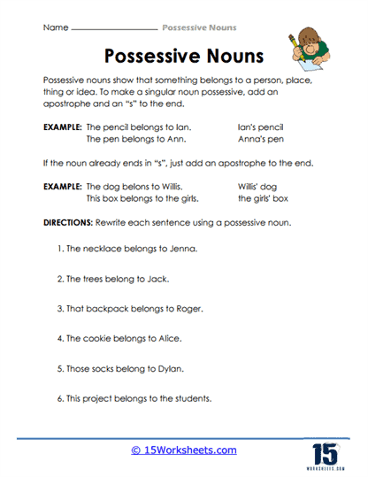It’s Grammar Time: Possessive Nouns worksheet for students to enhance writing skills Worksheet for practicing possessive nouns with examples for third graders