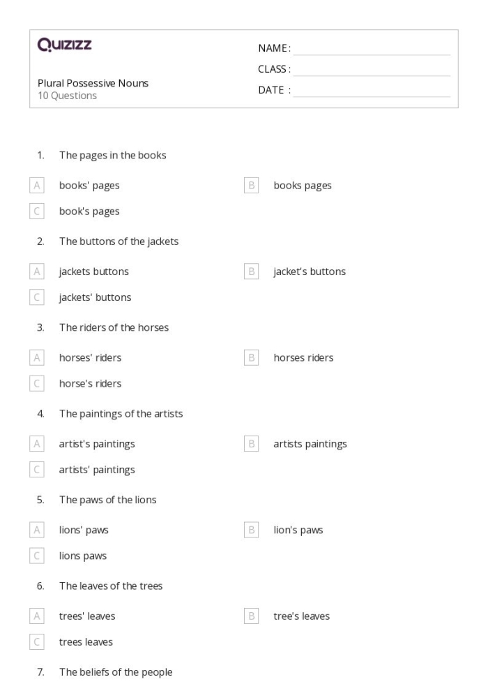 It’s Grammar Time: Possessive Nouns worksheet for students Third grade worksheet focusing on possessive nouns for grammar practice