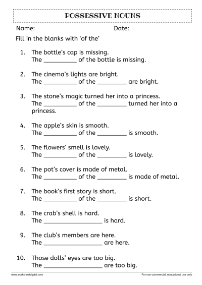 It's Grammar Time: Possessive Nouns Practice Worksheet for Students Worksheet for third graders on forming possessive nouns with context clues