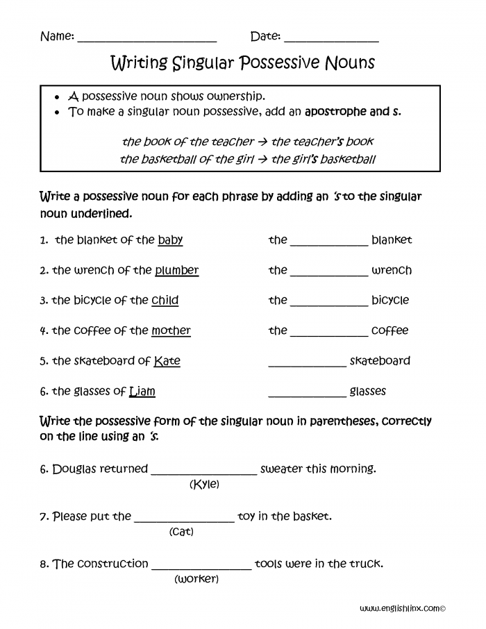 It's Grammar Time: Possessive Nouns Worksheet for Students Worksheet for third graders on possessive nouns practice