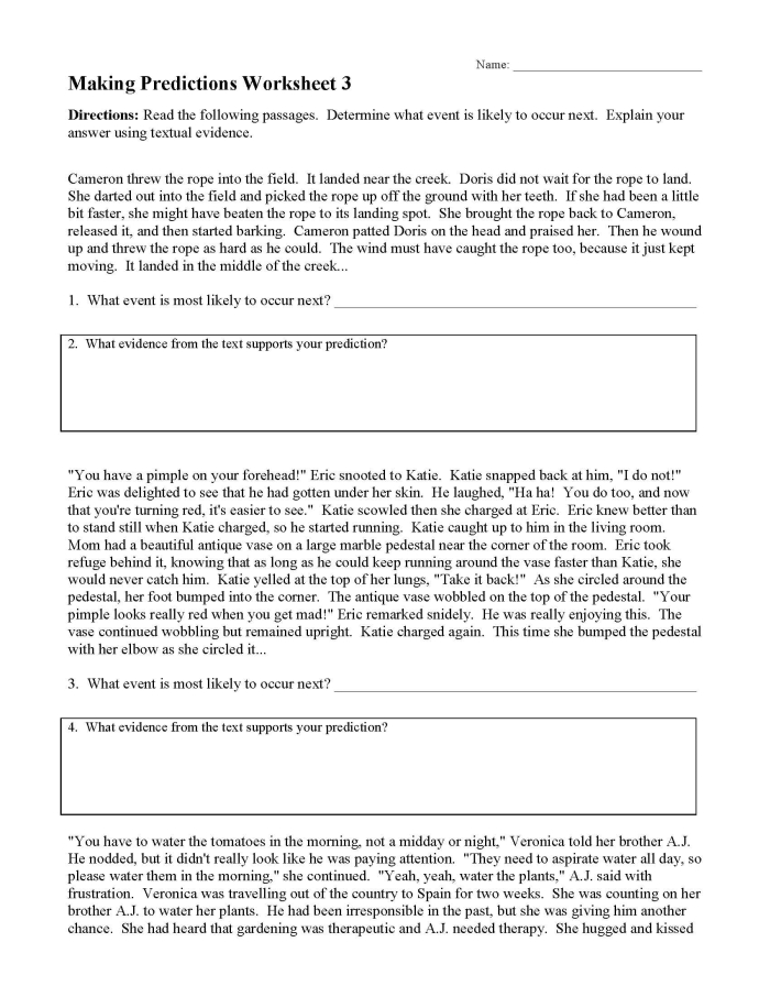 Third grade worksheet on making predictions using text evidence with sentence frames