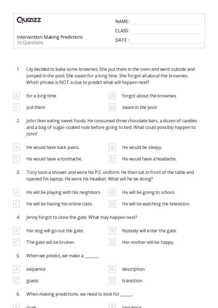 Third grade worksheet focused on making predictions using text evidence with sentence frames
