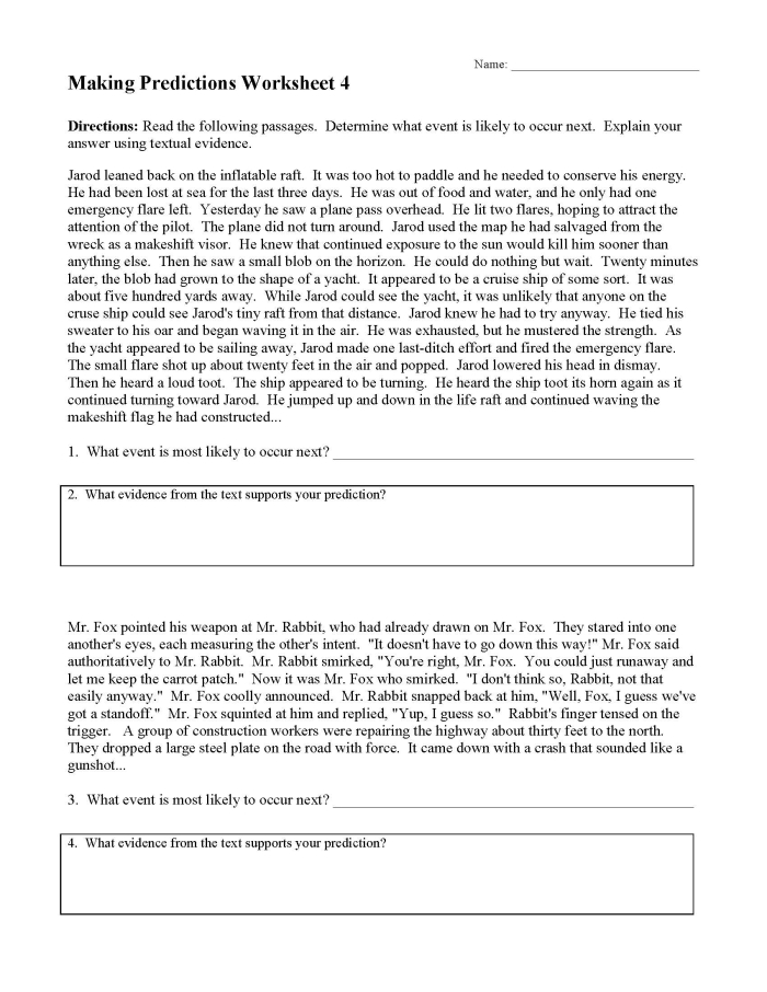 Third grade worksheet on making predictions using text evidence with sentence frames