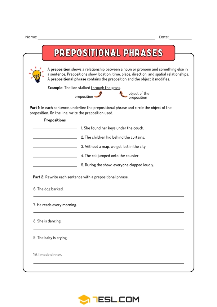 Worksheet featuring exercises on prepositional phrases for third graders