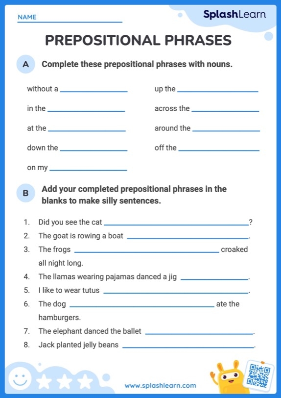 worksheet featuring activities on prepositional phrases for third graders