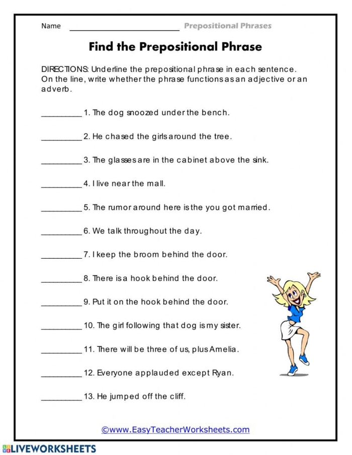 Worksheet featuring engaging activities on prepositional phrases for third graders