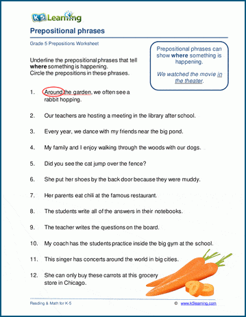 Worksheet featuring prepositional phrases for third graders to enhance their writing skills