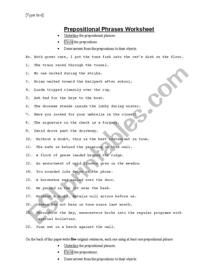 Worksheet featuring prepositional phrases for third-grade grammar practice
