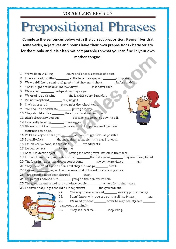 Worksheet featuring exercises on prepositional phrases for third graders