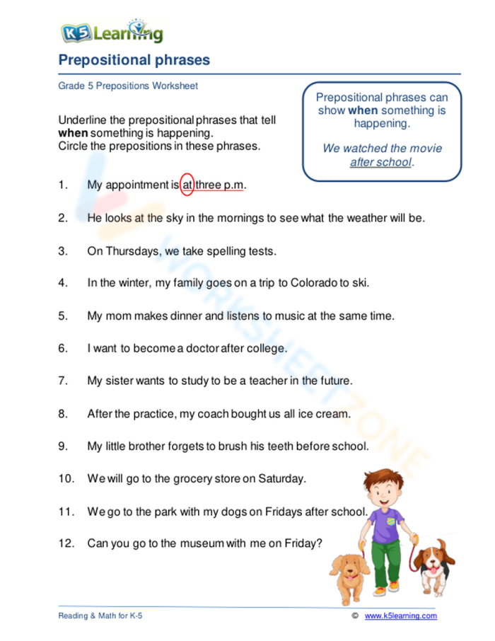 worksheet featuring exercises on prepositional phrases for third graders