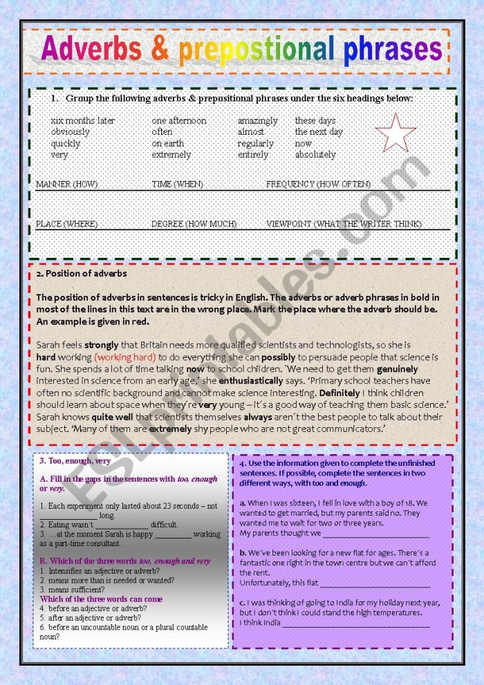 Worksheet showing students enhancing sentences with prepositional phrases for grammar practice