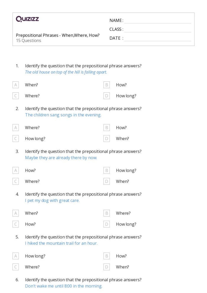 Worksheet featuring prepositional phrases for third graders to enhance their writing skills
