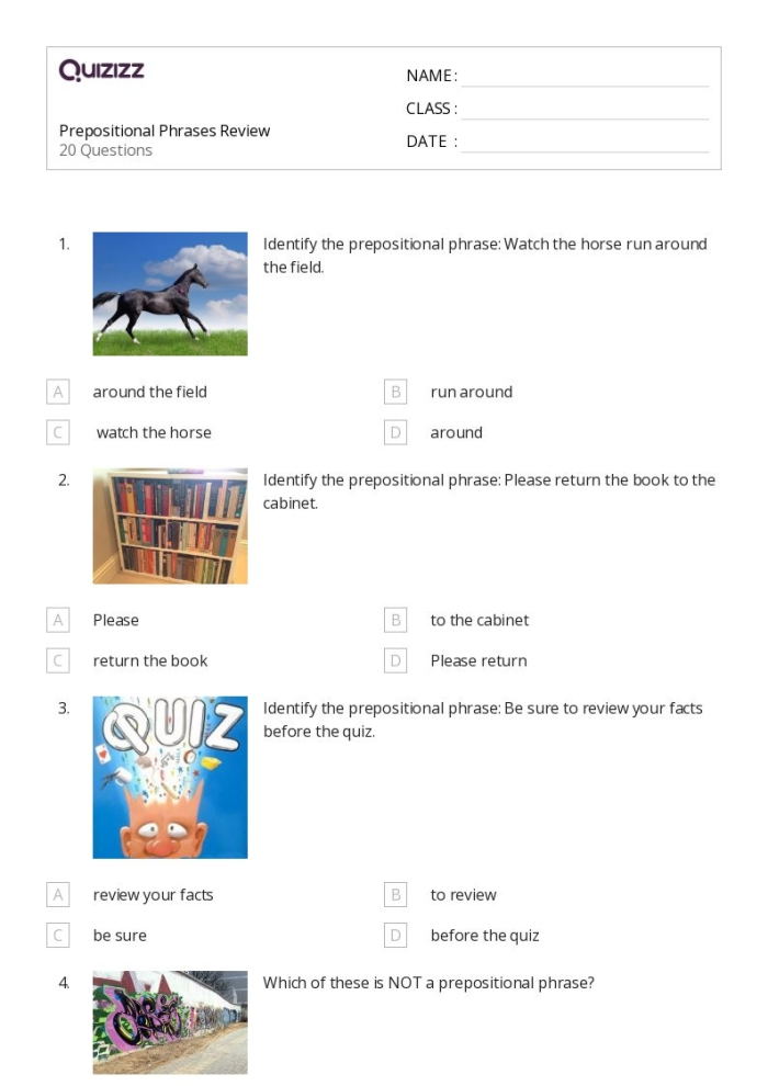 Worksheet showcasing prepositional phrases for third graders to enhance sentence detail
