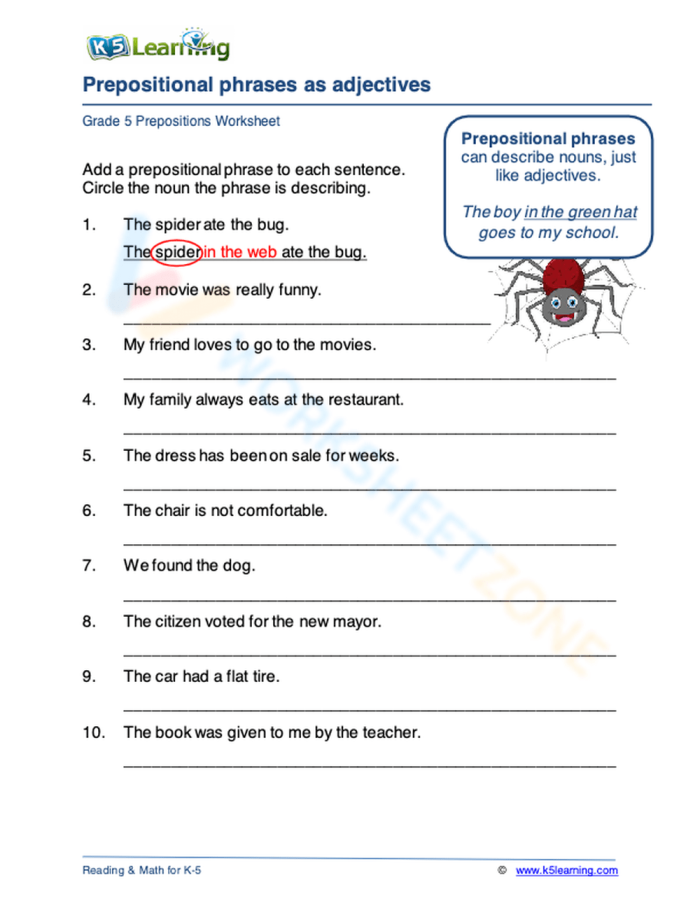 Worksheet for practicing prepositional phrases in third grade grammar
