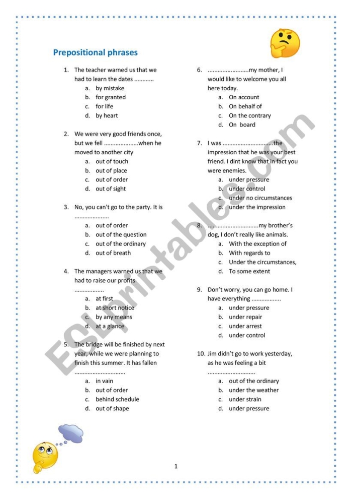 Worksheet featuring exercises on prepositional phrases for third graders