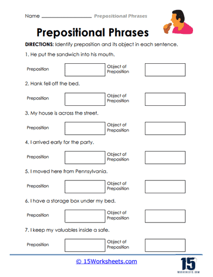 Worksheet featuring prepositional phrases to enhance third-grade writing skills
