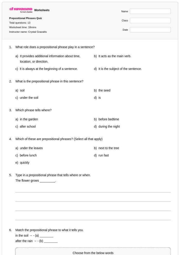 Worksheet featuring prepositional phrases to enhance sentence detail for third graders