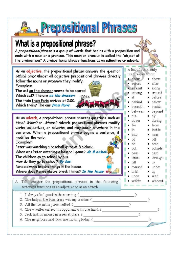 Worksheet featuring prepositional phrases for third-grade grammar practice