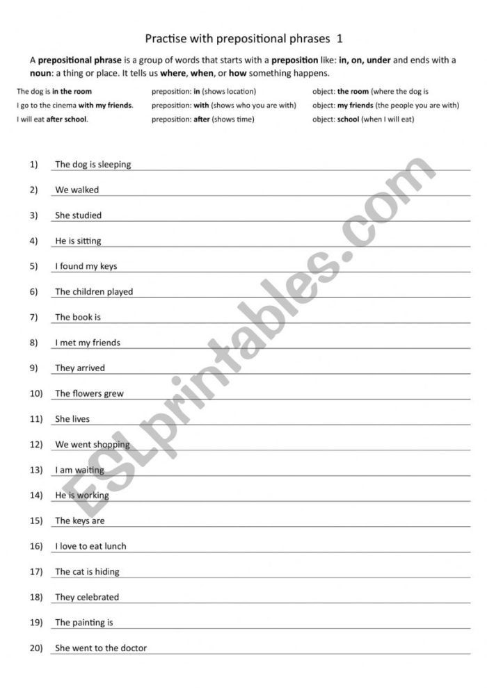 Worksheet for enhancing sentences with prepositional phrases in third grade geometry