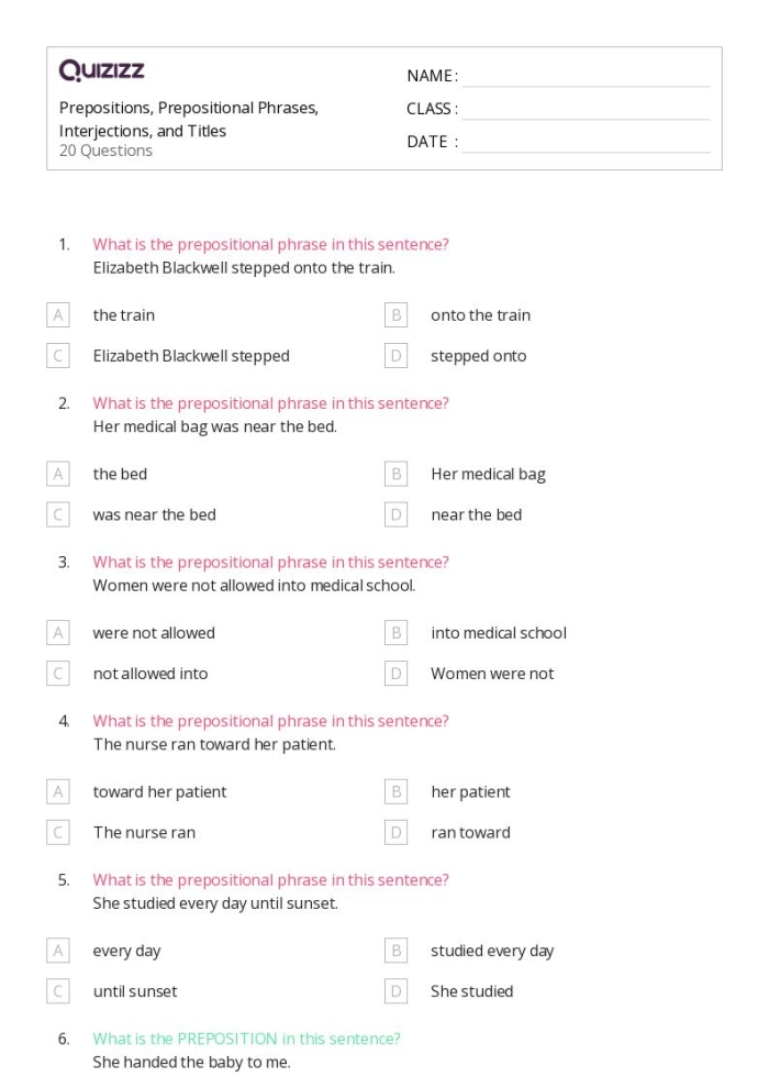 Worksheet featuring prepositional phrases for third-grade grammar practice