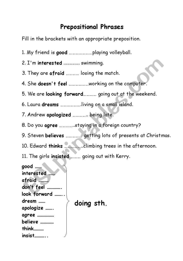 Worksheet featuring the title "It's Grammar Time: Prepositional Phrases 2" for third graders. Educational resource for enhancing sentence detail through prepositional phrases.