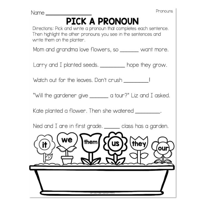 Third grade pronoun quiz worksheet with fill-in-the-blank questions