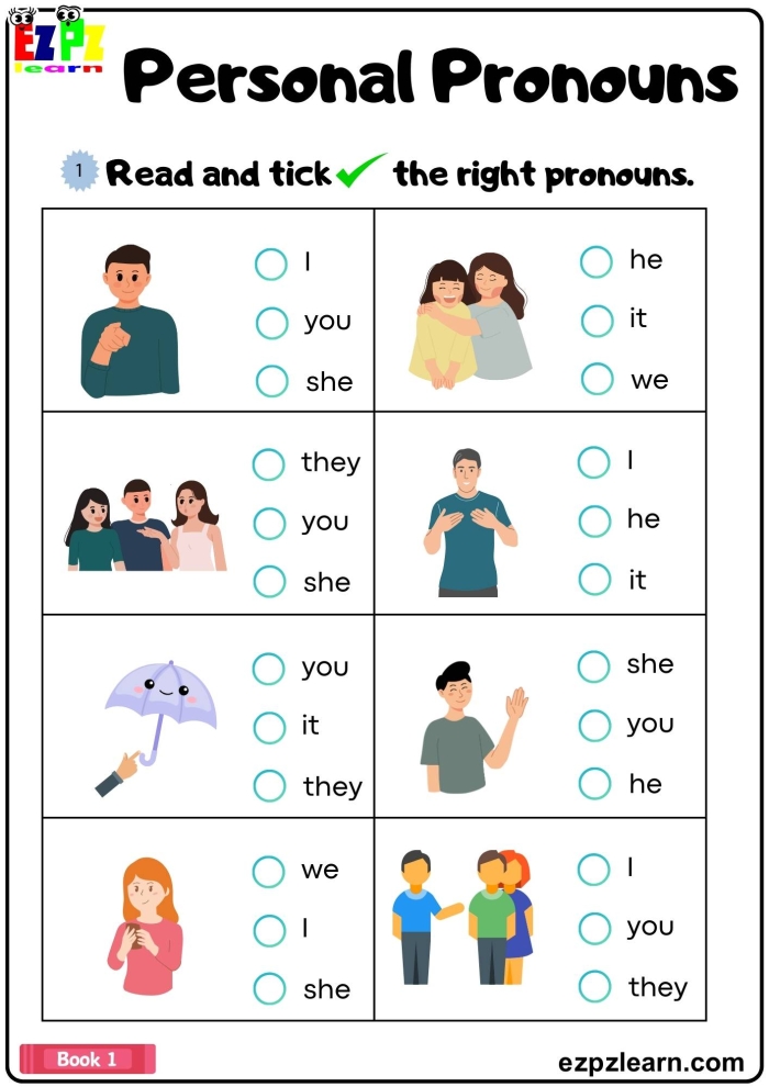 Third grade pronoun quiz worksheet for practicing grammar skills