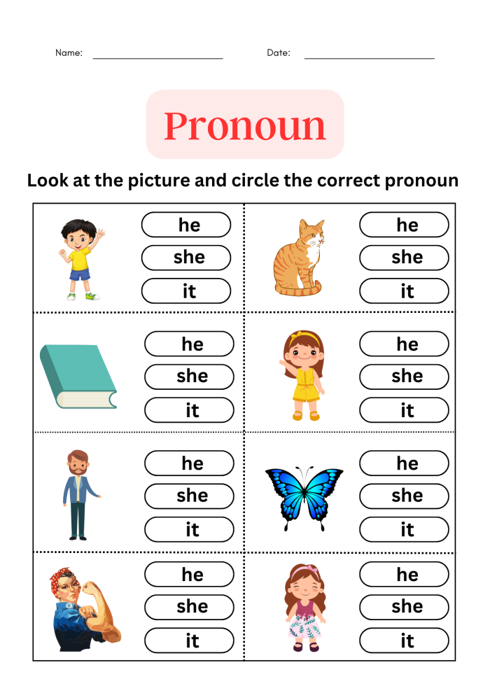 Third grade pronoun quiz worksheet with fill-in-the-blank questions