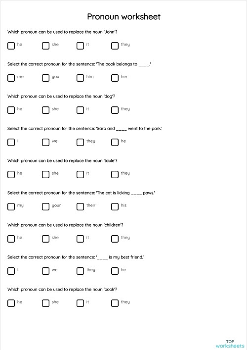 Third grade pronoun quiz worksheet to test understanding of pronouns