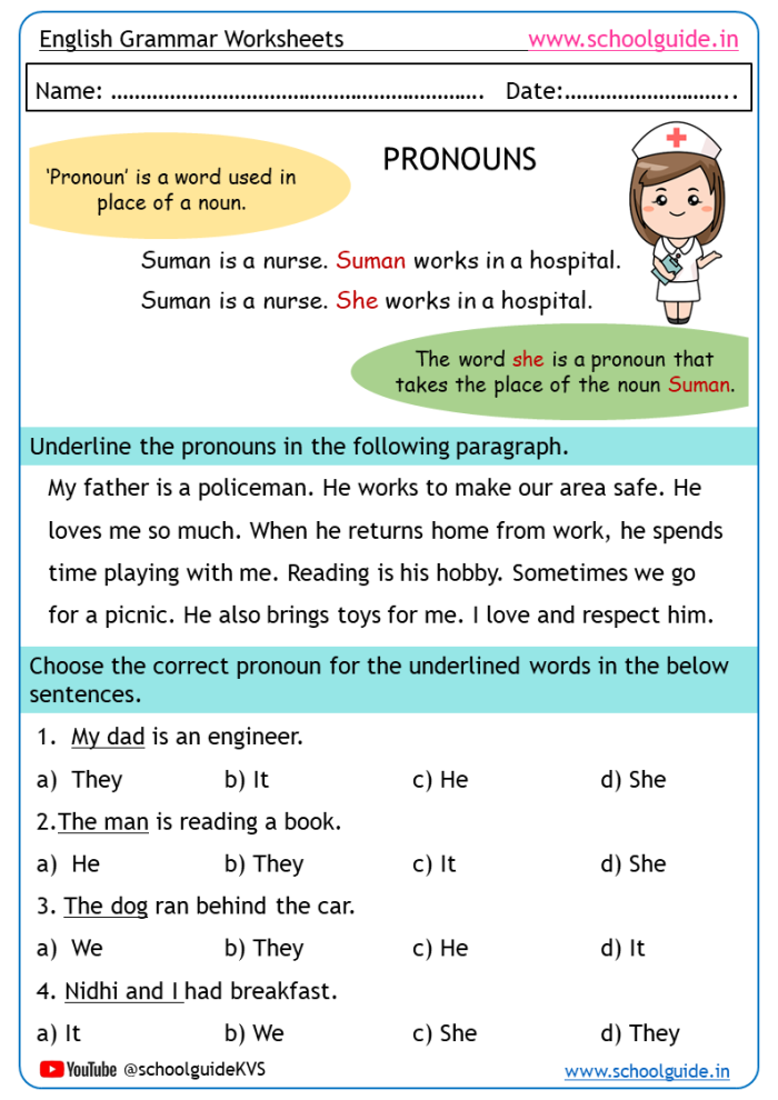 Third grade pronoun quiz worksheet to test children’s understanding of pronouns
