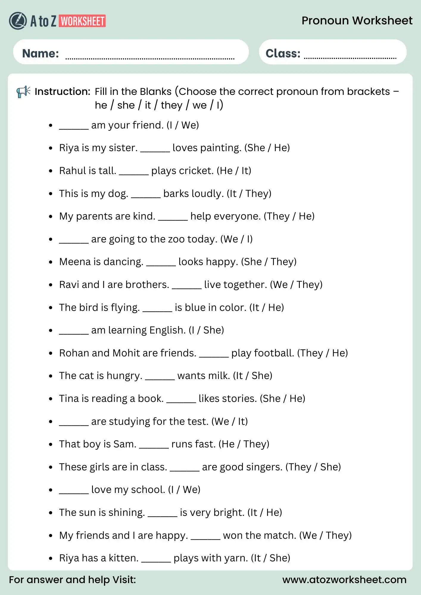Third grade pronoun quiz worksheet to test understanding of pronouns