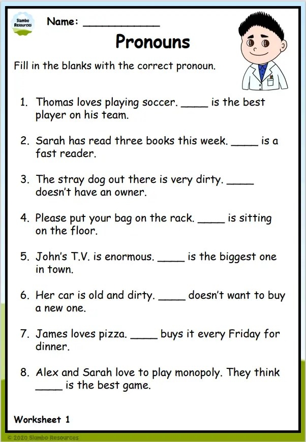 Third grade child completing a pronoun quiz worksheet on grammar and mechanics