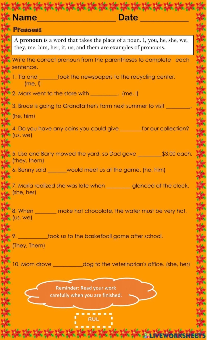 Third grade pronoun quiz worksheet to test understanding of pronouns