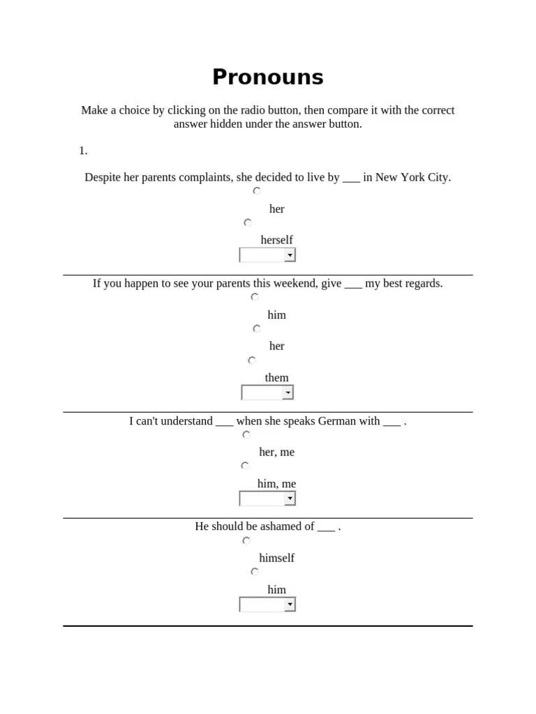 Third grade pronoun quiz worksheet for practicing grammar skills