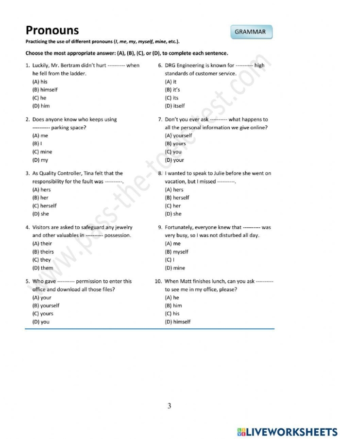 Third grade student completing a pronoun quiz worksheet on a desk