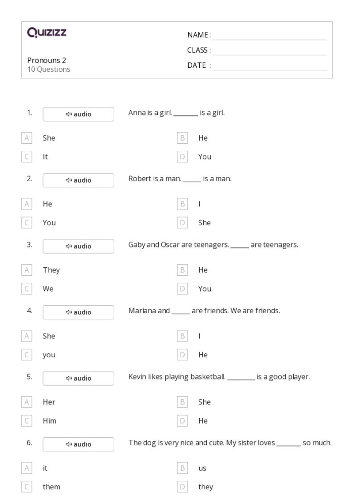 Third grade pronoun quiz worksheet to test understanding of pronouns