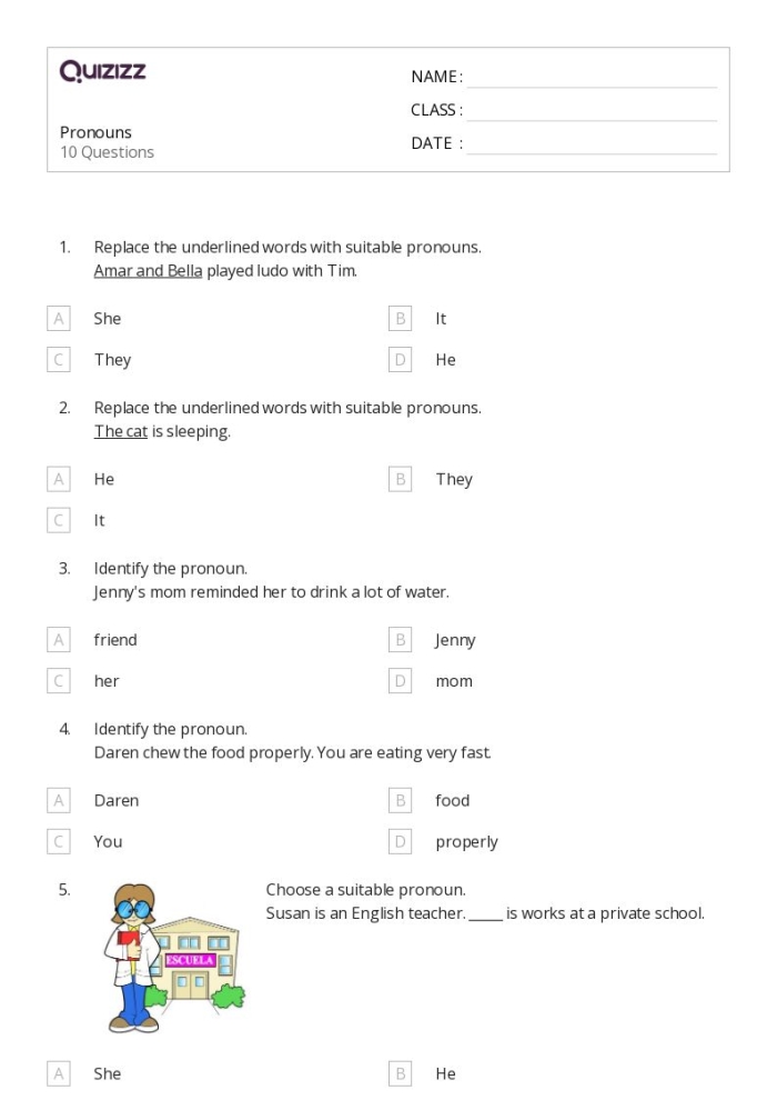 Third grade pronoun quiz worksheet testing basic grammar skills