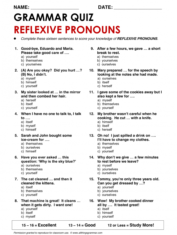 Third grade pronoun quiz worksheet with simple sentences and answer spaces