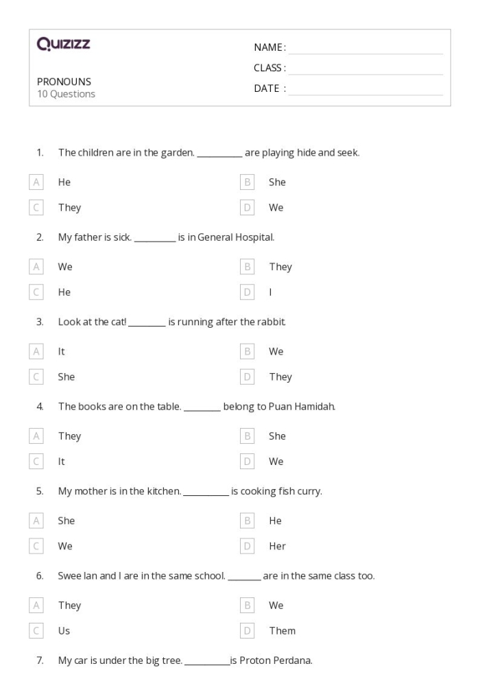 Third grade pronoun quiz worksheet testing basic grammar skills