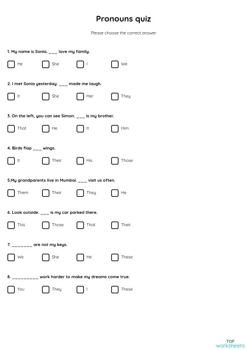 Third grade pronoun quiz worksheet for practicing grammar skills