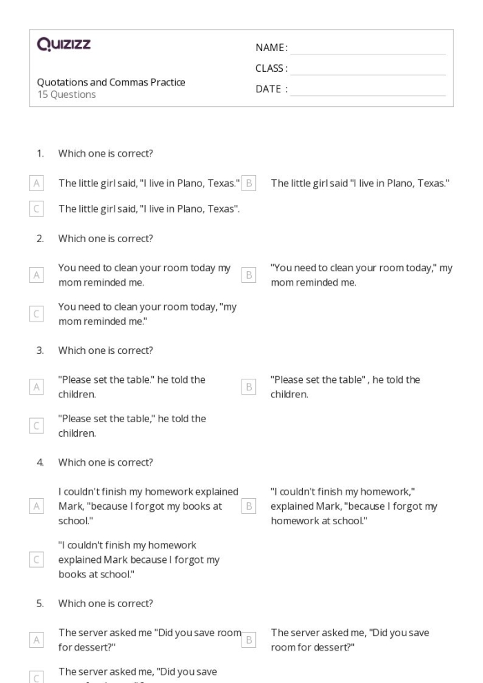 Quotation Marks Say What worksheet for third graders learning punctuation skills Third grade worksheet on adding quotation marks to sentences for reading and writing practice